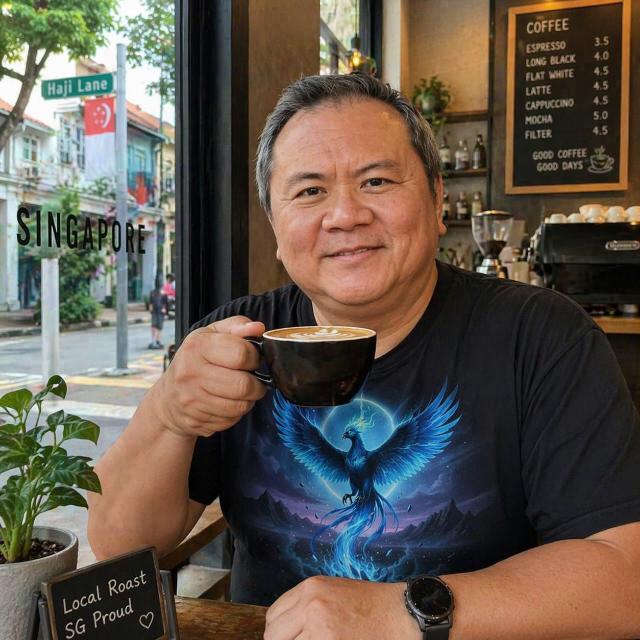 Timothy Tan smiling with a cup of kopi at a cafe on Haji Lane, Singapore